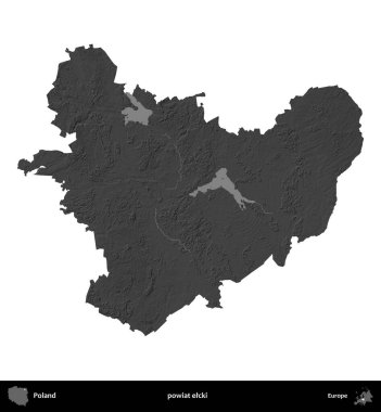 powiat elcki. Polonya 'nın idari bölgesi gri ölçekli yükseklik haritasında beyaza izole edildi
