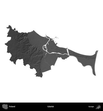Gdansk. Polonya 'nın idari bölgesi gri ölçekli yükseklik haritasında beyaza izole edildi