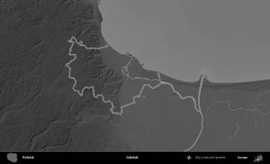 Gdansk. Polonya 'nın idari bölgesini gri ölçekli bir yükseklik haritasında özetledim