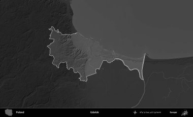 Gdansk. Polonya 'nın idari bölgesi kararmış bir gri tonlama yükseklik haritasına vurgulandı ve özetlendi