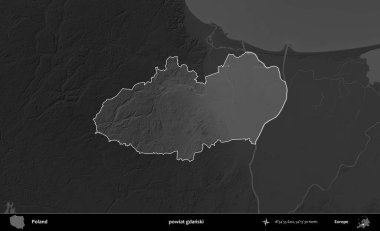 powiat gdanski. Polonya 'nın idari bölgesi kararmış bir gri tonlama yükseklik haritasına vurgulandı ve özetlendi