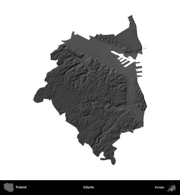 Gdynia. Polonya 'nın idari bölgesi gri ölçekli yükseklik haritasında beyaza izole edildi