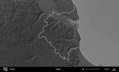 Gdynia. Polonya 'nın idari bölgesini gri ölçekli bir yükseklik haritasında özetledim