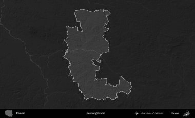 powiat gliwicki. Polonya 'nın idari bölgesi kararmış bir gri tonlama yükseklik haritasına vurgulandı ve özetlendi