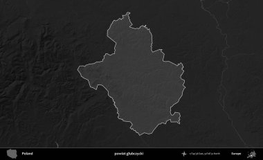powiat glubczycki. Polonya 'nın idari bölgesi kararmış bir gri tonlama yükseklik haritasına vurgulandı ve özetlendi