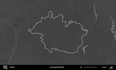 powiat gnieznienski. Polonya 'nın idari bölgesini gri ölçekli bir yükseklik haritasında özetledim