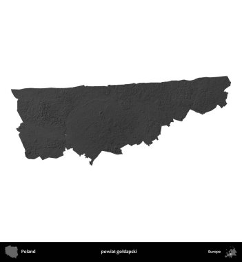Powiat Golddapski. Polonya 'nın idari bölgesi gri ölçekli yükseklik haritasında beyaza izole edildi
