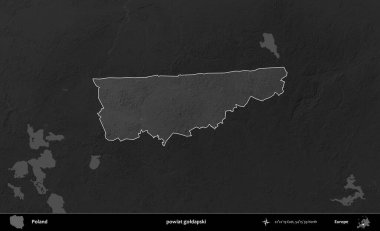 Powiat Golddapski. Polonya 'nın idari bölgesi kararmış bir gri tonlama yükseklik haritasına vurgulandı ve özetlendi