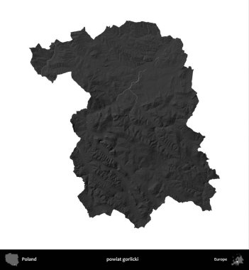 powiat gorlicki. Polonya 'nın idari bölgesi gri ölçekli yükseklik haritasında beyaza izole edildi