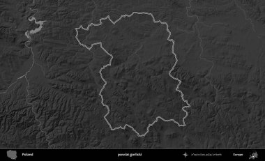 powiat gorlicki. Polonya 'nın idari bölgesini gri ölçekli bir yükseklik haritasında özetledim