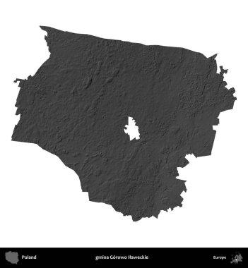 gmina Gorowo Ilaweckie. Polonya 'nın idari bölgesi gri ölçekli yükseklik haritasında beyaza izole edildi