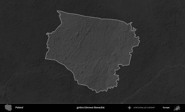 gmina Gorowo Ilaweckie. Polonya 'nın idari bölgesi kararmış bir gri tonlama yükseklik haritasına vurgulandı ve özetlendi