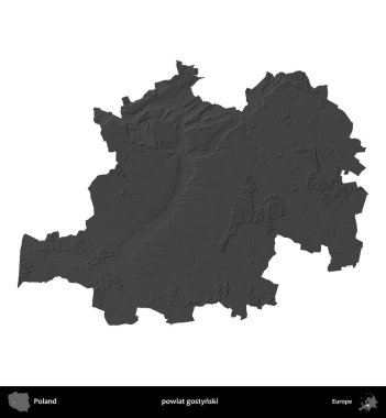 powiat gostynski. Polonya 'nın idari bölgesi gri ölçekli yükseklik haritasında beyaza izole edildi