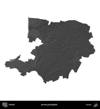powiat grudziadzki. Polonya 'nın idari bölgesi gri ölçekli yükseklik haritasında beyaza izole edildi