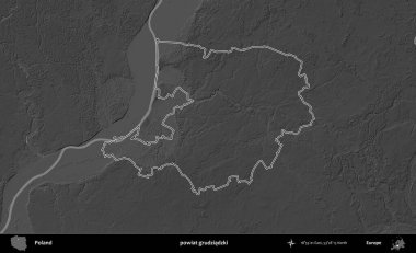 powiat grudziadzki. Polonya 'nın idari bölgesini gri ölçekli bir yükseklik haritasında özetledim