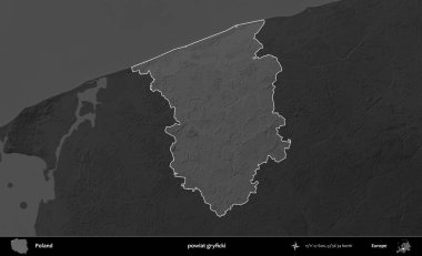 powiat gryficki. Polonya 'nın idari bölgesi kararmış bir gri tonlama yükseklik haritasına vurgulandı ve özetlendi