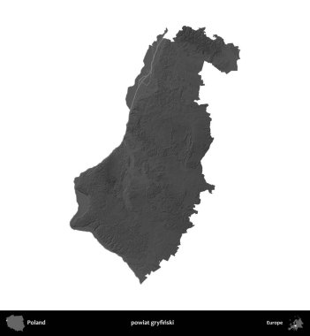 powiat gryfinski. Polonya 'nın idari bölgesi gri ölçekli yükseklik haritasında beyaza izole edildi