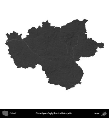 Gornoslasko-Zaglebiowska Metropoliası. Polonya 'nın idari bölgesi gri ölçekli yükseklik haritasında beyaza izole edildi
