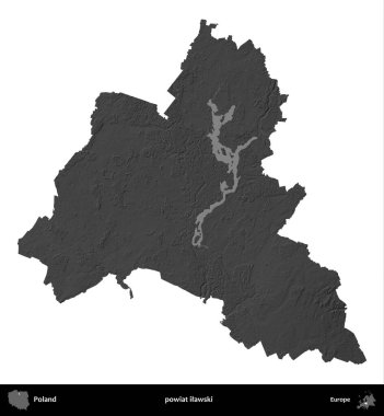 powiat ilawski. Polonya 'nın idari bölgesi gri ölçekli yükseklik haritasında beyaza izole edildi