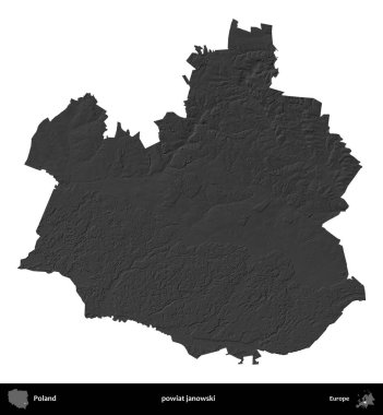 powiat janowski. Polonya 'nın idari bölgesi gri ölçekli yükseklik haritasında beyaza izole edildi