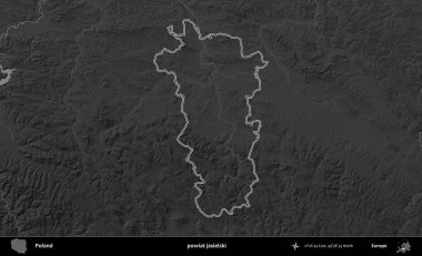 Powiat Jaselski. Polonya 'nın idari bölgesini gri ölçekli bir yükseklik haritasında özetledim