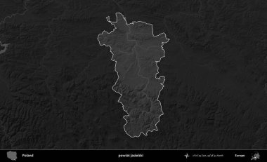 Powiat Jaselski. Polonya 'nın idari bölgesi kararmış bir gri tonlama yükseklik haritasına vurgulandı ve özetlendi