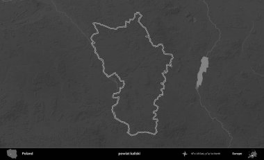 powiat kaliski. Polonya 'nın idari bölgesini gri ölçekli bir yükseklik haritasında özetledim