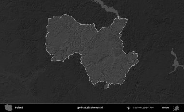 gmina Kalisz Pomorski. Polonya 'nın idari bölgesi kararmış bir gri tonlama yükseklik haritasına vurgulandı ve özetlendi