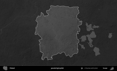 powiat ketrzynski. Polonya 'nın idari bölgesi kararmış bir gri tonlama yükseklik haritasına vurgulandı ve özetlendi