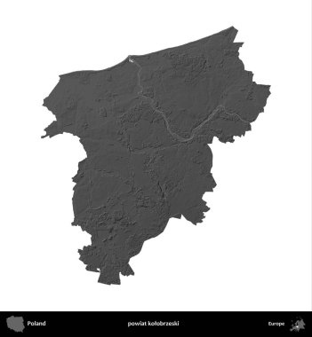 powiat kolobrzeski. Polonya 'nın idari bölgesi gri ölçekli yükseklik haritasında beyaza izole edildi