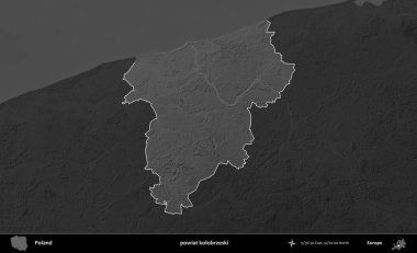 powiat kolobrzeski. Polonya 'nın idari bölgesi kararmış bir gri tonlama yükseklik haritasına vurgulandı ve özetlendi