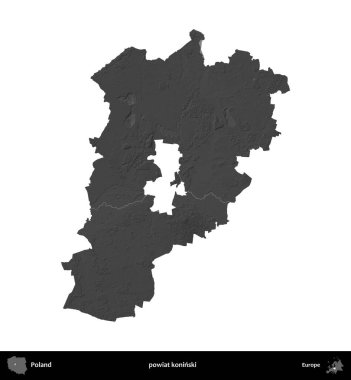 powiat koninski. Polonya 'nın idari bölgesi gri ölçekli yükseklik haritasında beyaza izole edildi