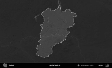 powiat koninski. Polonya 'nın idari bölgesi kararmış bir gri tonlama yükseklik haritasına vurgulandı ve özetlendi
