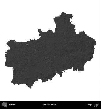 powiat konecki. Polonya 'nın idari bölgesi gri ölçekli yükseklik haritasında beyaza izole edildi