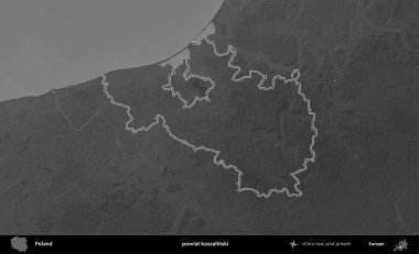powiat koszalinski. Polonya 'nın idari bölgesini gri ölçekli bir yükseklik haritasında özetledim