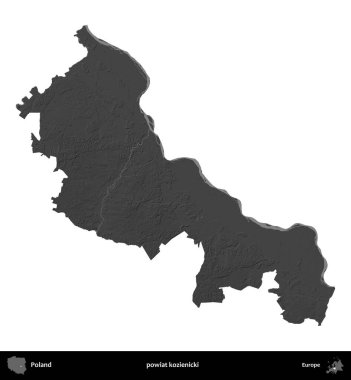 powiat kozienicki. Polonya 'nın idari bölgesi gri ölçekli yükseklik haritasında beyaza izole edildi
