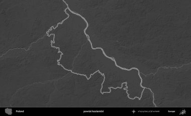 powiat kozienicki. Polonya 'nın idari bölgesini gri ölçekli bir yükseklik haritasında özetledim