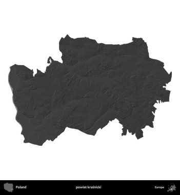 powiat krasnicki. Polonya 'nın idari bölgesi gri ölçekli yükseklik haritasında beyaza izole edildi