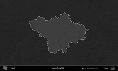 powiat leczynski. Polonya 'nın idari bölgesi kararmış bir gri tonlama yükseklik haritasına vurgulandı ve özetlendi