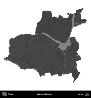 Powiat Lejyononowski. Polonya 'nın idari bölgesi gri ölçekli yükseklik haritasında beyaza izole edildi
