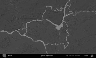 Powiat Lejyononowski. Polonya 'nın idari bölgesini gri ölçekli bir yükseklik haritasında özetledim
