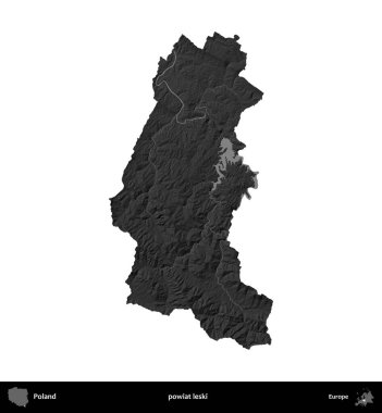 powiat leski. Polonya 'nın idari bölgesi gri ölçekli yükseklik haritasında beyaza izole edildi