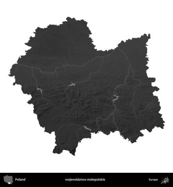 wojewodz2 malopolskie. Polonya 'nın idari bölgesi gri ölçekli yükseklik haritasında beyaza izole edildi