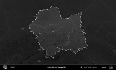 wojewodz2 malopolskie. Polonya 'nın idari bölgesi kararmış bir gri tonlama yükseklik haritasına vurgulandı ve özetlendi