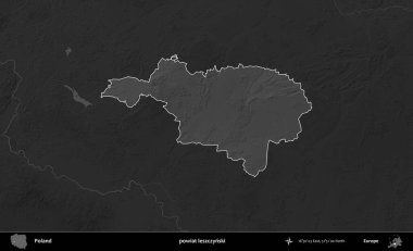 powiat leszczynski. Polonya 'nın idari bölgesi kararmış bir gri tonlama yükseklik haritasına vurgulandı ve özetlendi