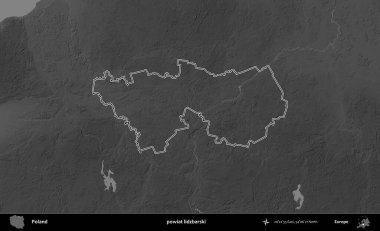 powiat lidzbarski. Polonya 'nın idari bölgesini gri ölçekli bir yükseklik haritasında özetledim