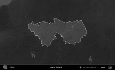 powiat lidzbarski. Polonya 'nın idari bölgesi kararmış bir gri tonlama yükseklik haritasına vurgulandı ve özetlendi