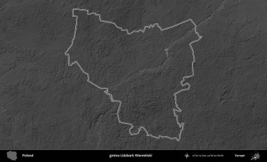 gmina Lidzbark Warminski. Polonya 'nın idari bölgesini gri ölçekli bir yükseklik haritasında özetledim
