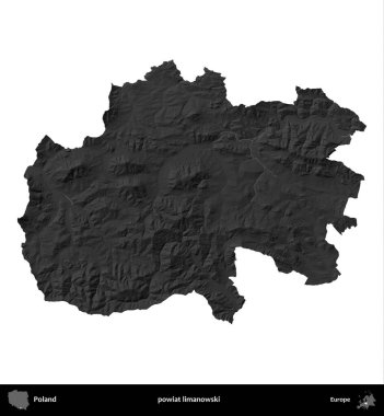 powiat limanowski. Polonya 'nın idari bölgesi gri ölçekli yükseklik haritasında beyaza izole edildi