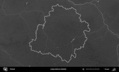 wojewodztwo lodzkie. Polonya 'nın idari bölgesini gri ölçekli bir yükseklik haritasında özetledim